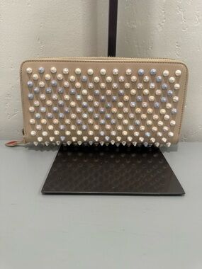 Christian Louboutin Beige Pannettone spike Wallet with Multicolor Pearl Studs